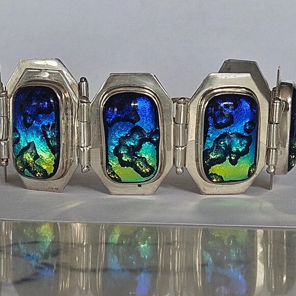 Estate H & BJ Mackie Mid Century Modern Hombre Art Glass Sterling Panel Bracelet - Picture 1 of 7
